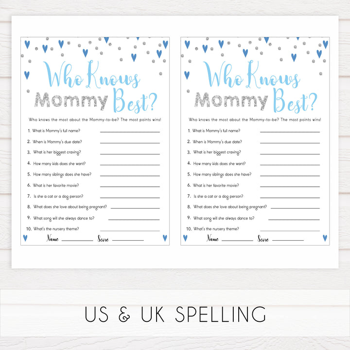 who knows mommy best, Printable baby shower games, small blue hearts fun baby games, baby shower games, fun baby shower ideas, top baby shower ideas, silver baby shower, blue hearts baby shower ideas