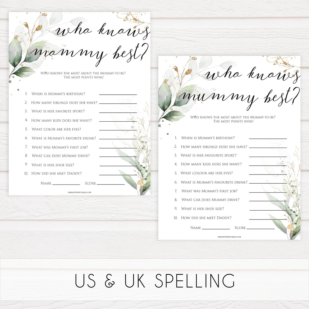 Gold green leaf baby games, who knows mummy best, printable baby games, fun baby games, top baby games to play, gold leaf baby shower, greenery baby shower ideas