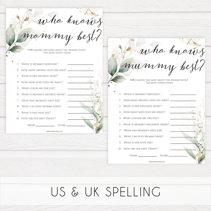 Gold green leaf baby games, who knows mummy best, printable baby games, fun baby games, top baby games to play, gold leaf baby shower, greenery baby shower ideas