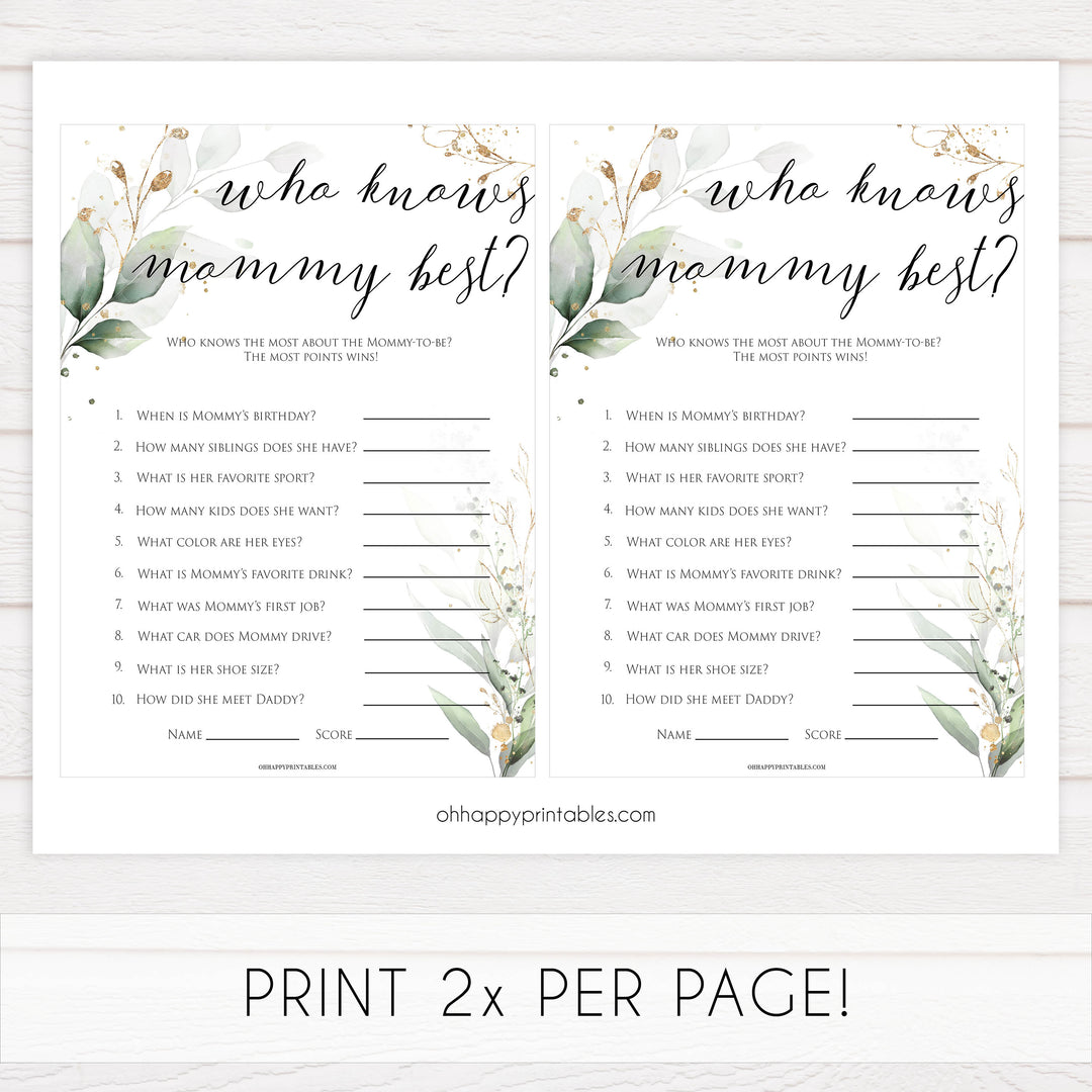 Gold green leaf baby games, who knows mummy best, printable baby games, fun baby games, top baby games to play, gold leaf baby shower, greenery baby shower ideas