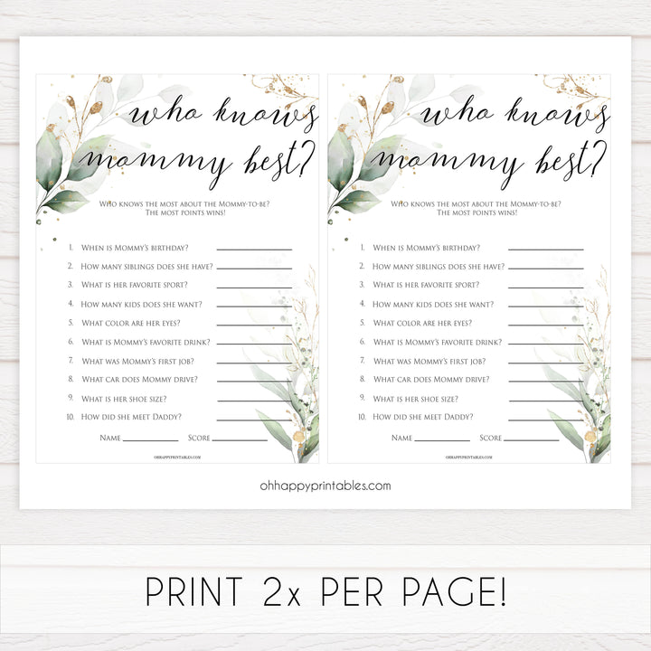 Gold green leaf baby games, who knows mummy best, printable baby games, fun baby games, top baby games to play, gold leaf baby shower, greenery baby shower ideas