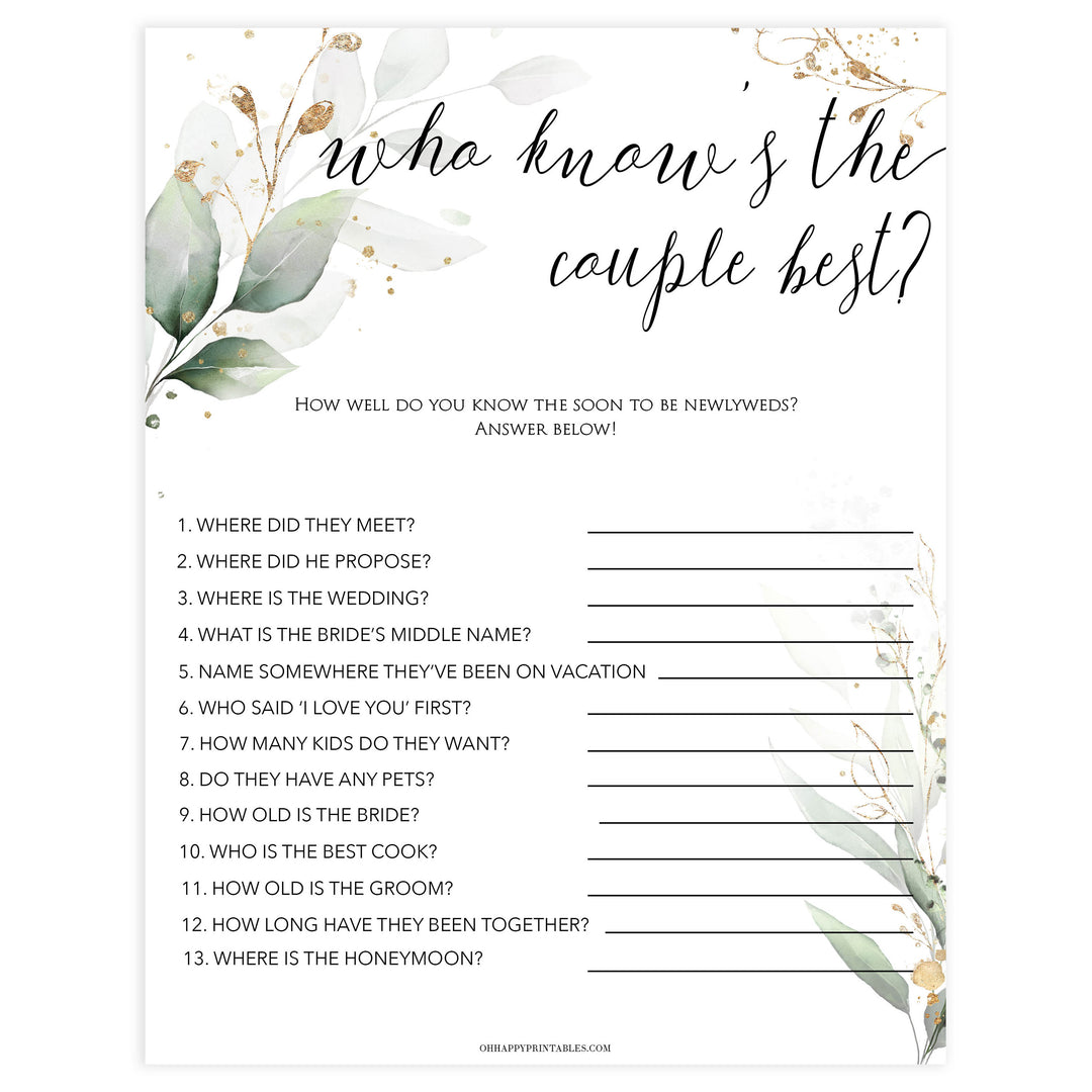 who knows the couple best game, Printable bridal shower games, greenery bridal shower, gold leaf bridal shower games, fun bridal shower games, bridal shower game ideas, greenery bridal shower