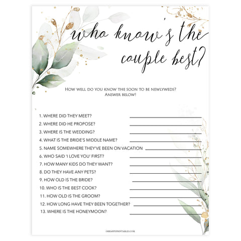 who knows the couple best game, Printable bridal shower games, greenery bridal shower, gold leaf bridal shower games, fun bridal shower games, bridal shower game ideas, greenery bridal shower
