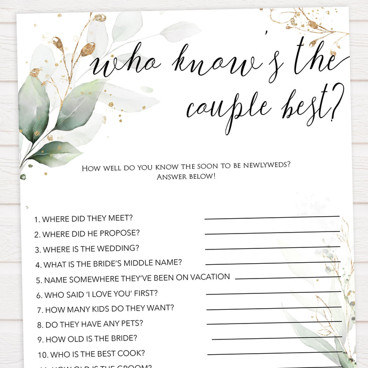 who knows the couple best game, Printable bridal shower games, greenery bridal shower, gold leaf bridal shower games, fun bridal shower games, bridal shower game ideas, greenery bridal shower