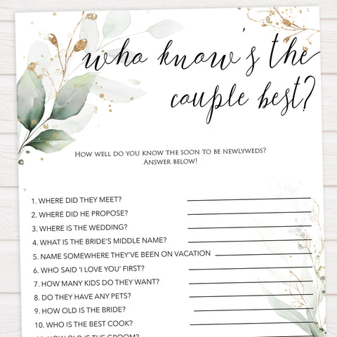 who knows the couple best game, Printable bridal shower games, greenery bridal shower, gold leaf bridal shower games, fun bridal shower games, bridal shower game ideas, greenery bridal shower