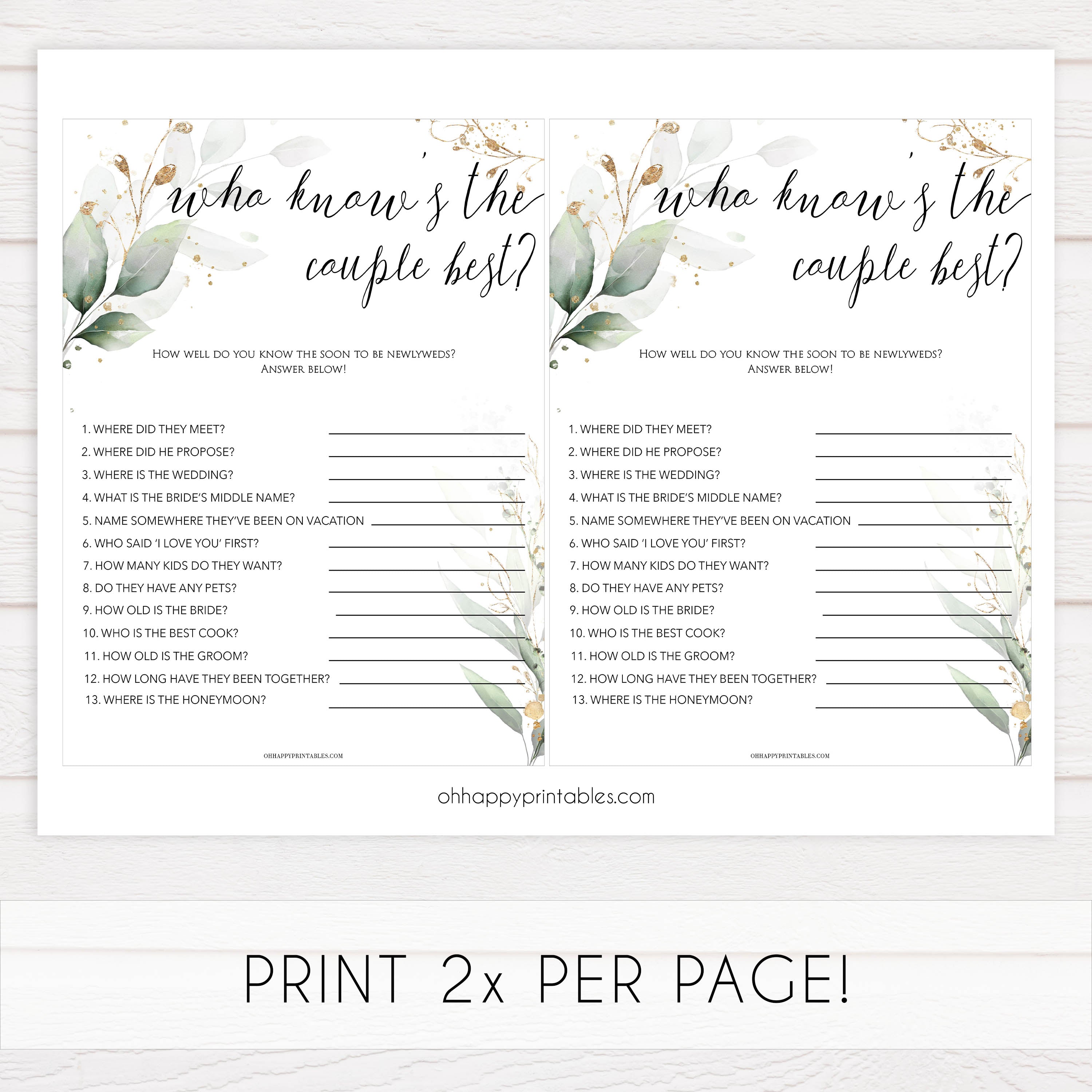 who knows the couple best game, Printable bridal shower games, greenery bridal shower, gold leaf bridal shower games, fun bridal shower games, bridal shower game ideas, greenery bridal shower