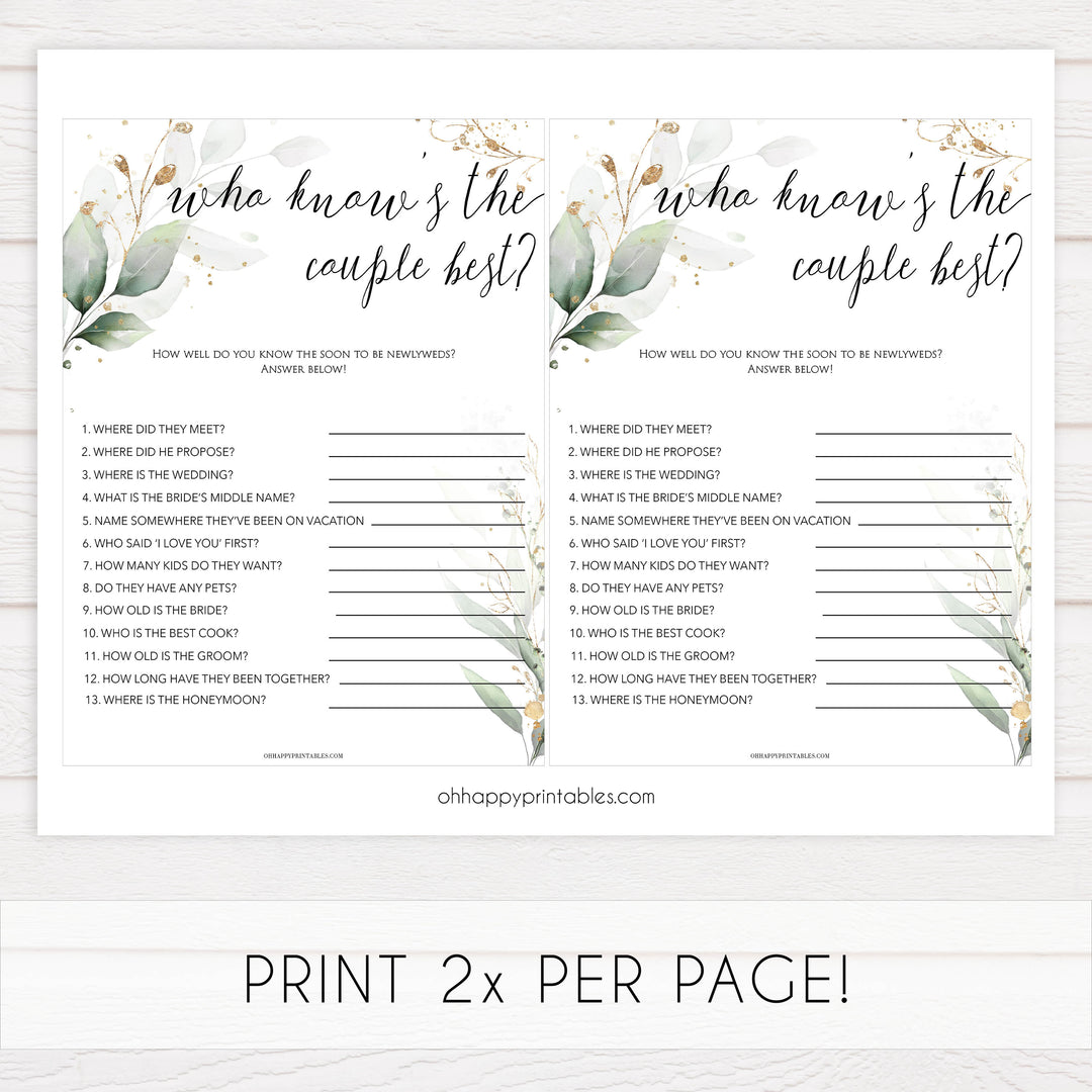 who knows the couple best game, Printable bridal shower games, greenery bridal shower, gold leaf bridal shower games, fun bridal shower games, bridal shower game ideas, greenery bridal shower