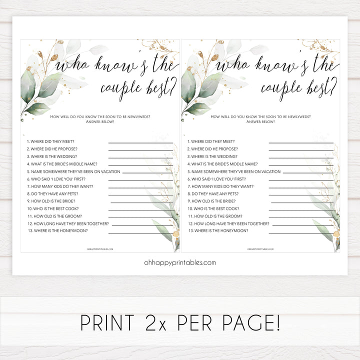 who knows the couple best game, Printable bridal shower games, greenery bridal shower, gold leaf bridal shower games, fun bridal shower games, bridal shower game ideas, greenery bridal shower