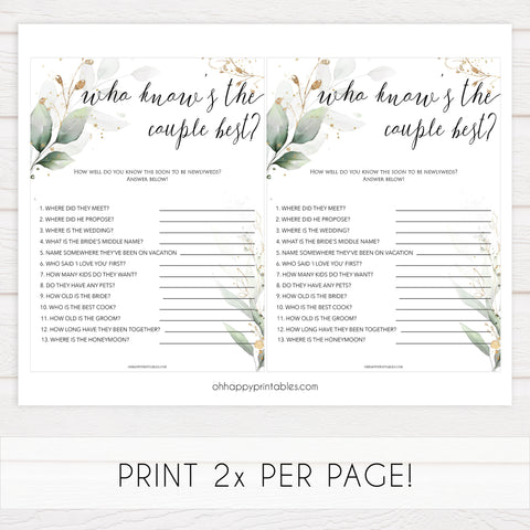who knows the couple best game, Printable bridal shower games, greenery bridal shower, gold leaf bridal shower games, fun bridal shower games, bridal shower game ideas, greenery bridal shower