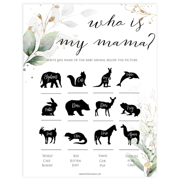 Gold green leaf baby games, who is my mama, printable baby games, fun baby games, top baby games to play, gold leaf baby shower, greenery baby shower ideas