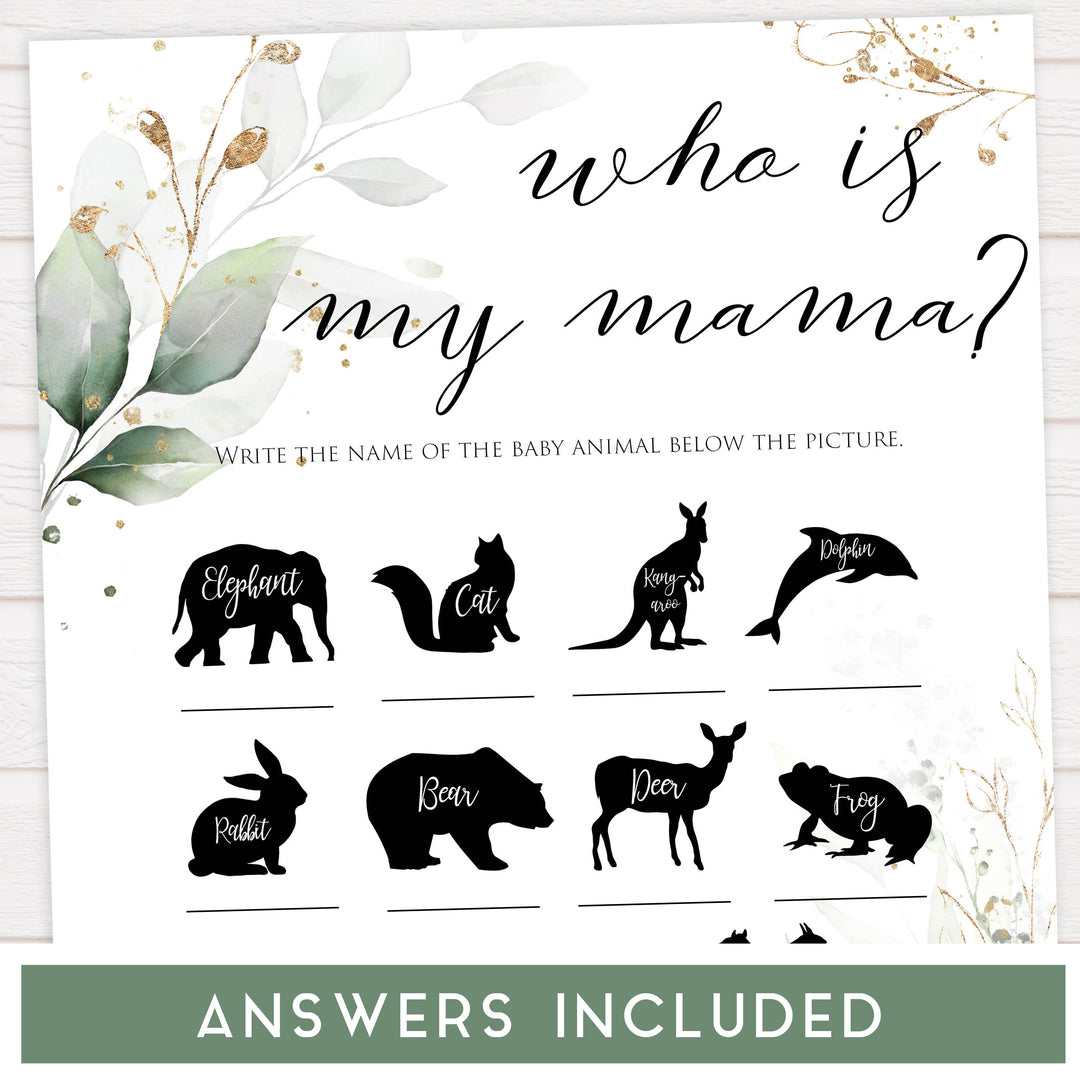 Gold green leaf baby games, who is my mama, printable baby games, fun baby games, top baby games to play, gold leaf baby shower, greenery baby shower ideas