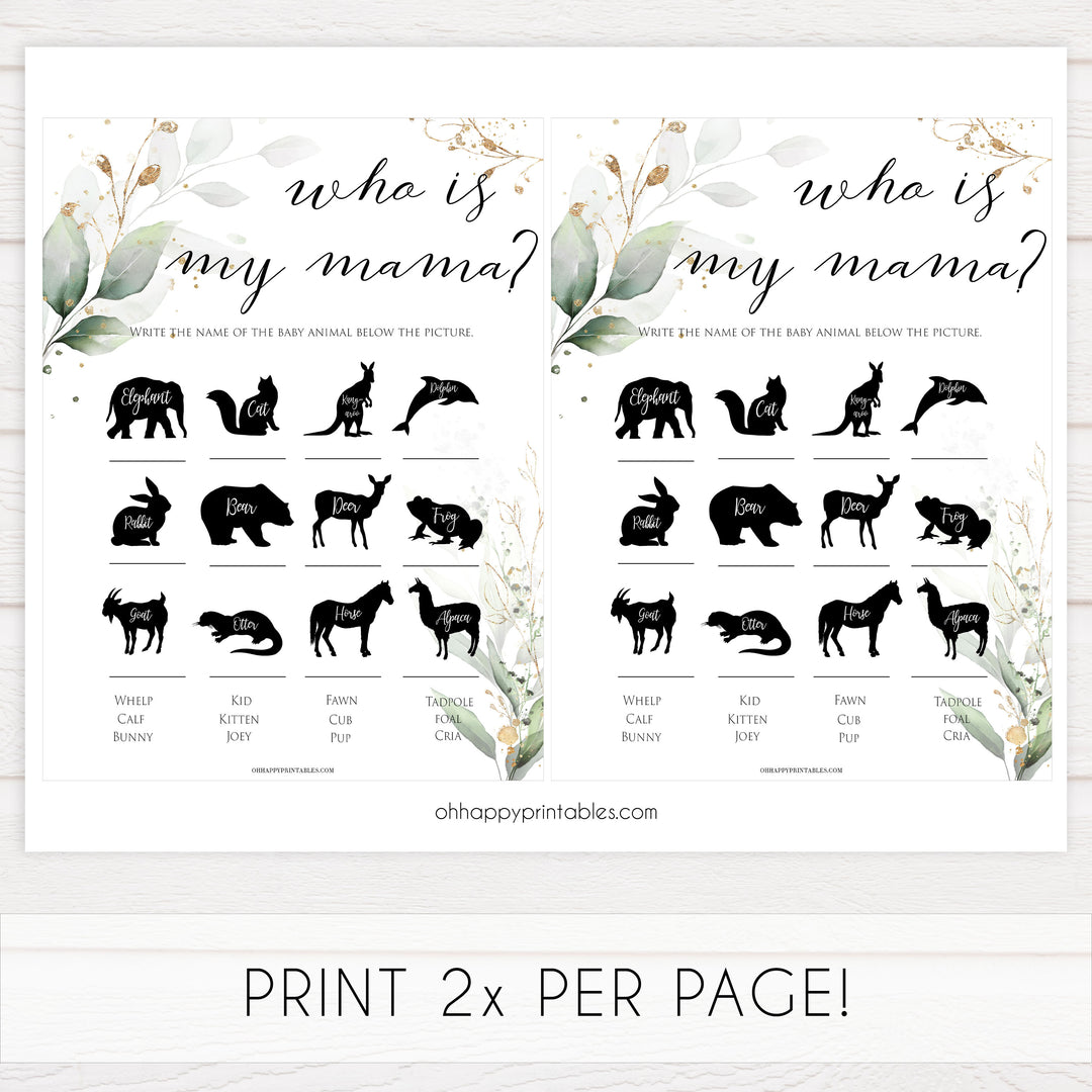 Gold green leaf baby games, who is my mama, printable baby games, fun baby games, top baby games to play, gold leaf baby shower, greenery baby shower ideas