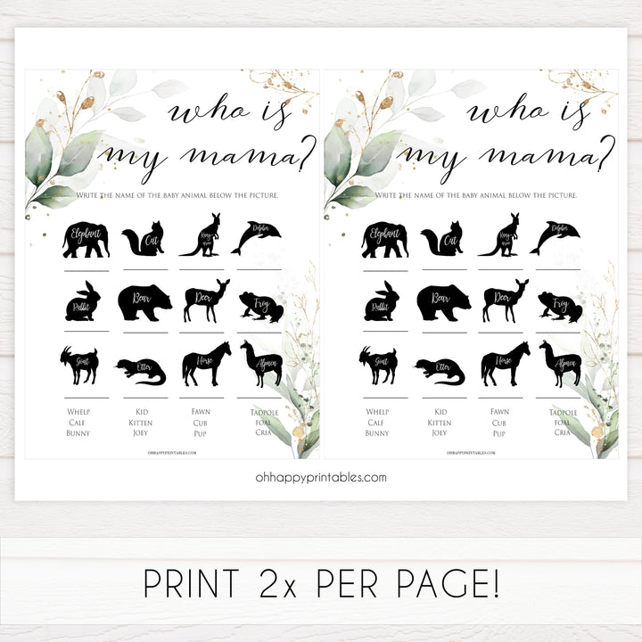 Gold green leaf baby games, who is my mama, printable baby games, fun baby games, top baby games to play, gold leaf baby shower, greenery baby shower ideas