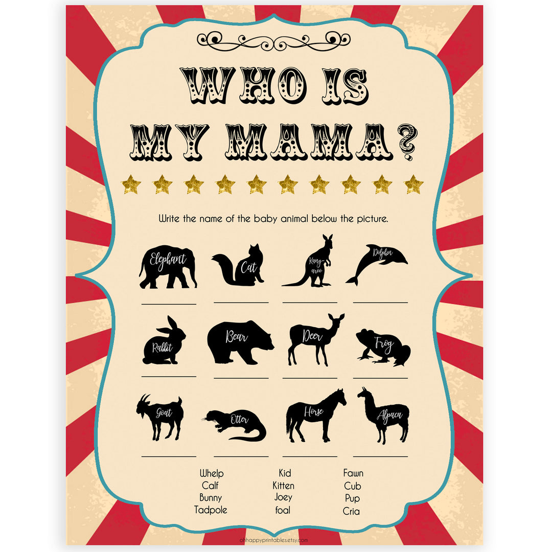 Circus who is my mama baby shower games, circus baby games, carnival baby games, printable baby games, fun baby games, popular baby games, carnival baby shower, carnival theme