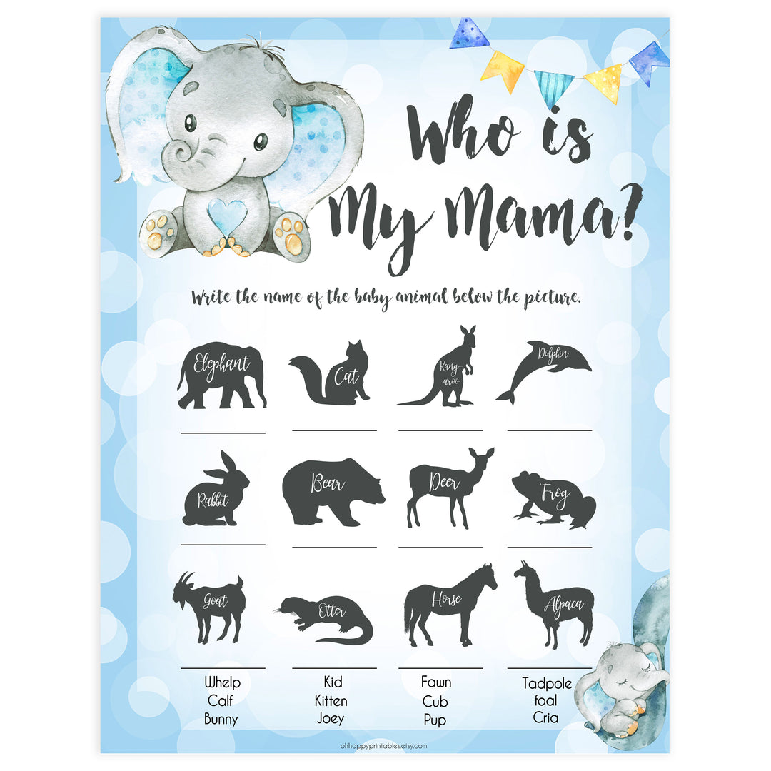 Blue elephant baby games, who is my mama, elephant baby games, printable baby games, top baby games, best baby shower games, baby shower ideas, fun baby games, elephant baby shower