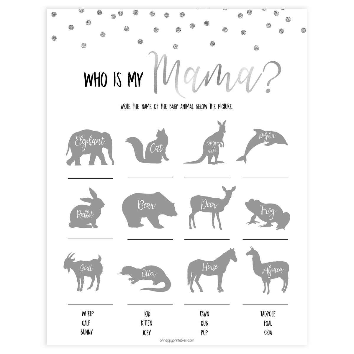 baby animal game, who is my mama game, Printable baby shower games, baby silver glitter fun baby games, baby shower games, fun baby shower ideas, top baby shower ideas, silver glitter shower baby shower, friends baby shower ideas