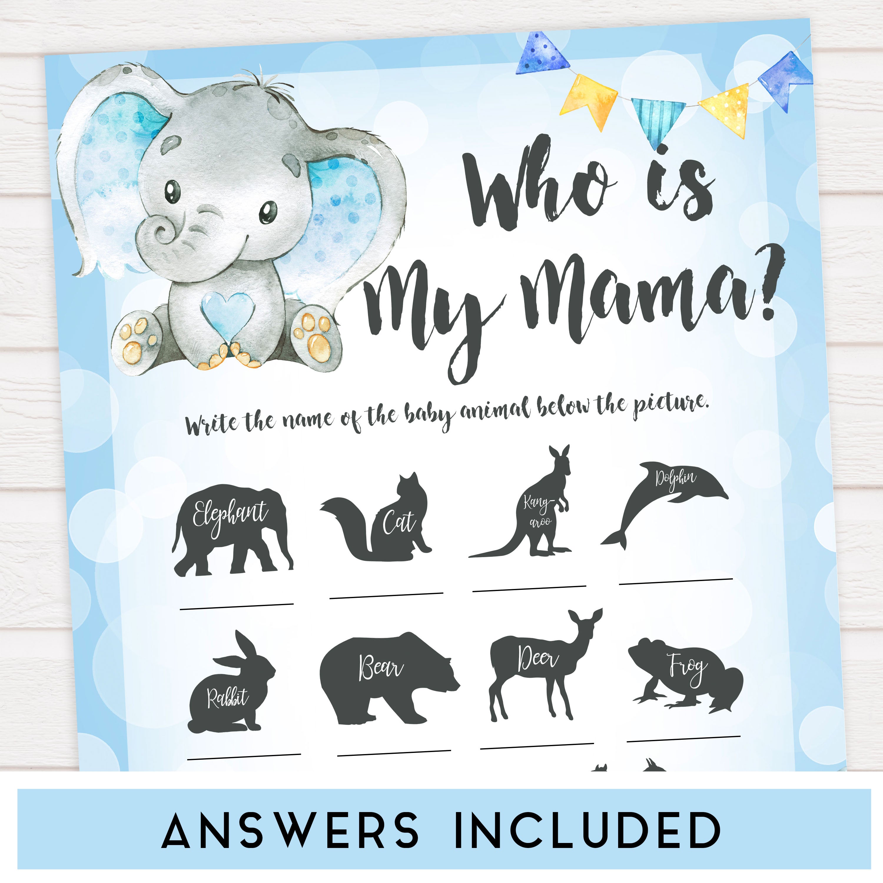 Blue elephant baby games, who is my mama, elephant baby games, printable baby games, top baby games, best baby shower games, baby shower ideas, fun baby games, elephant baby shower
