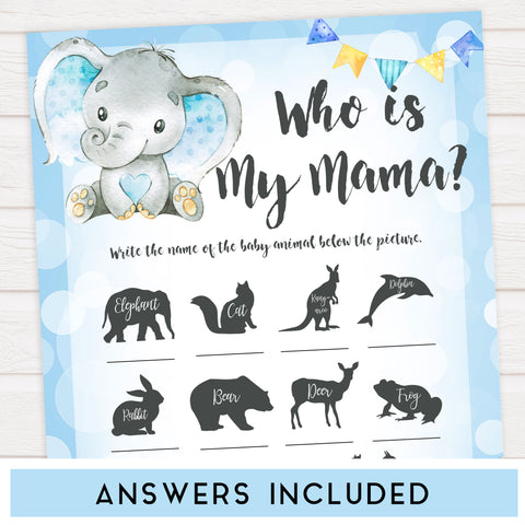 Blue elephant baby games, who is my mama, elephant baby games, printable baby games, top baby games, best baby shower games, baby shower ideas, fun baby games, elephant baby shower
