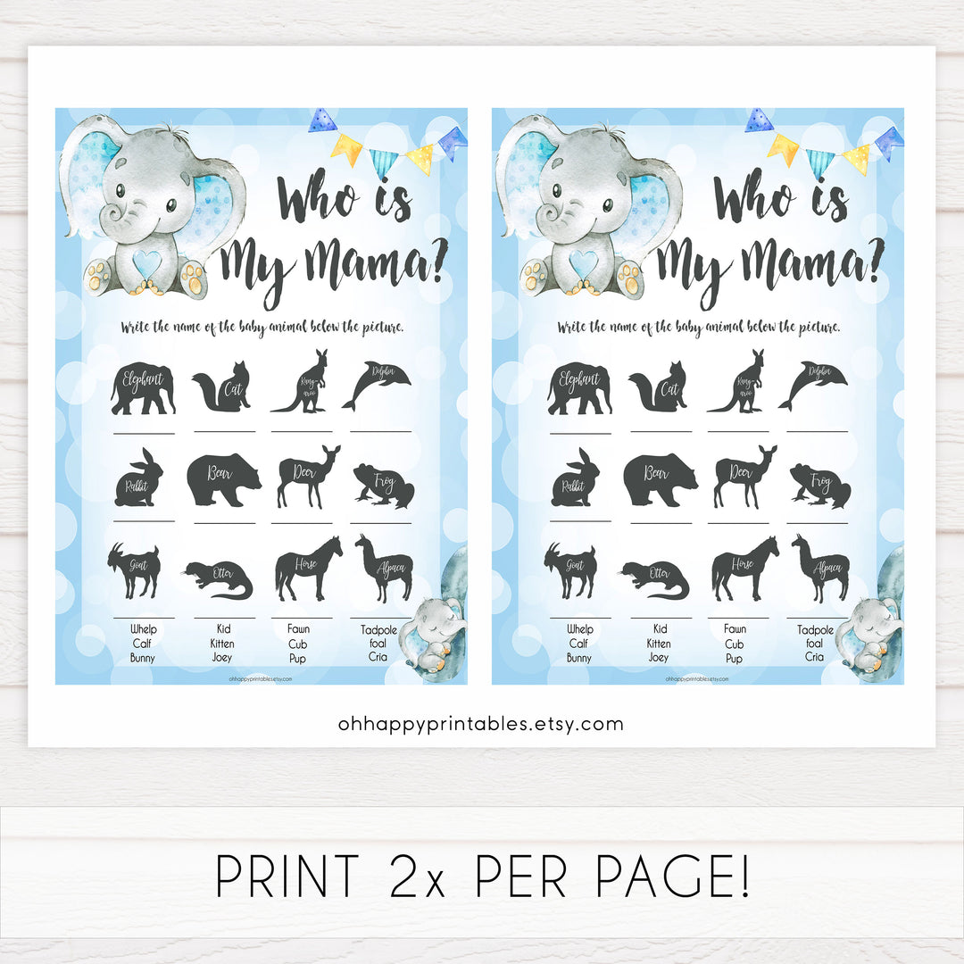 Blue elephant baby games, who is my mama, elephant baby games, printable baby games, top baby games, best baby shower games, baby shower ideas, fun baby games, elephant baby shower
