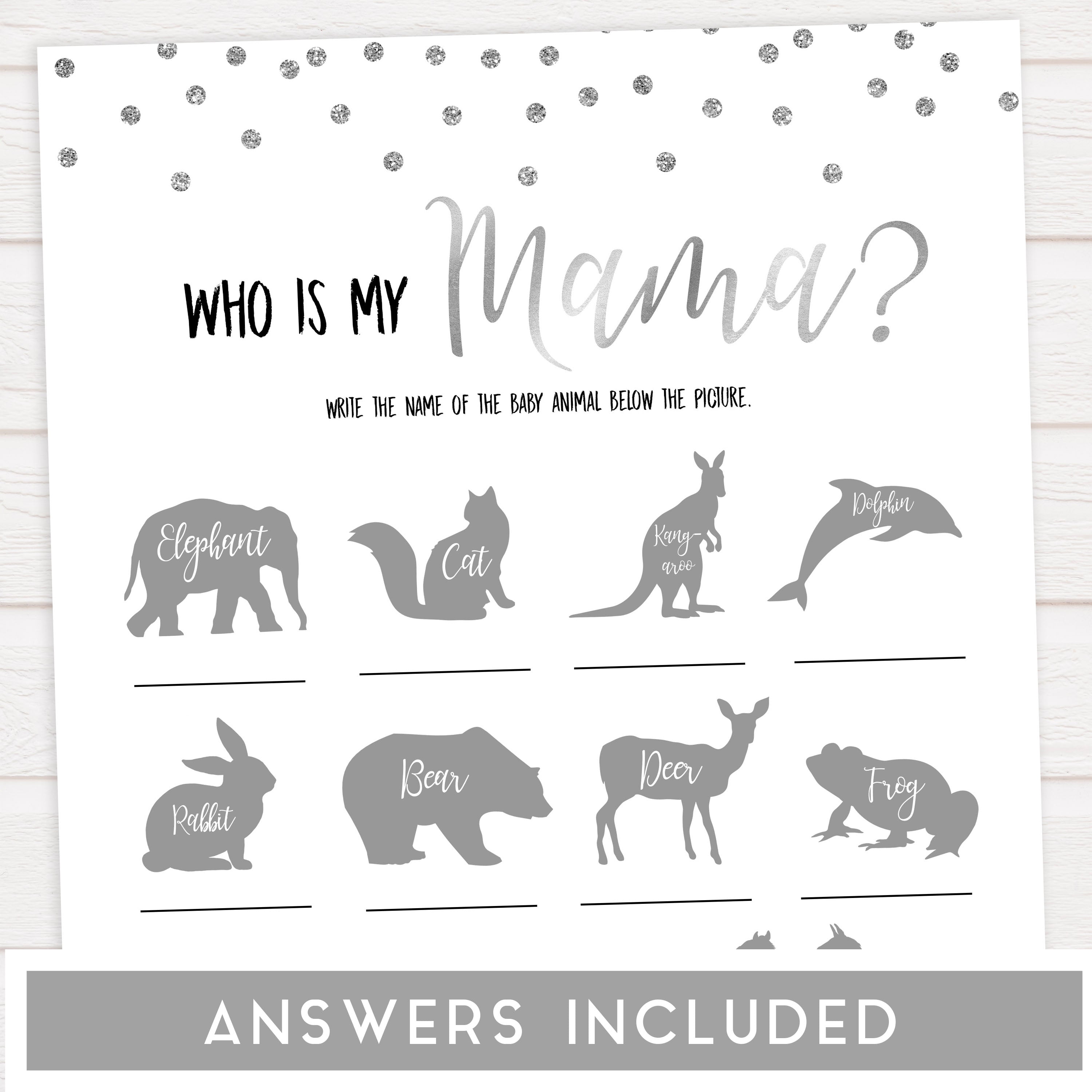 baby animal game, who is my mama game, Printable baby shower games, baby silver glitter fun baby games, baby shower games, fun baby shower ideas, top baby shower ideas, silver glitter shower baby shower, friends baby shower ideas