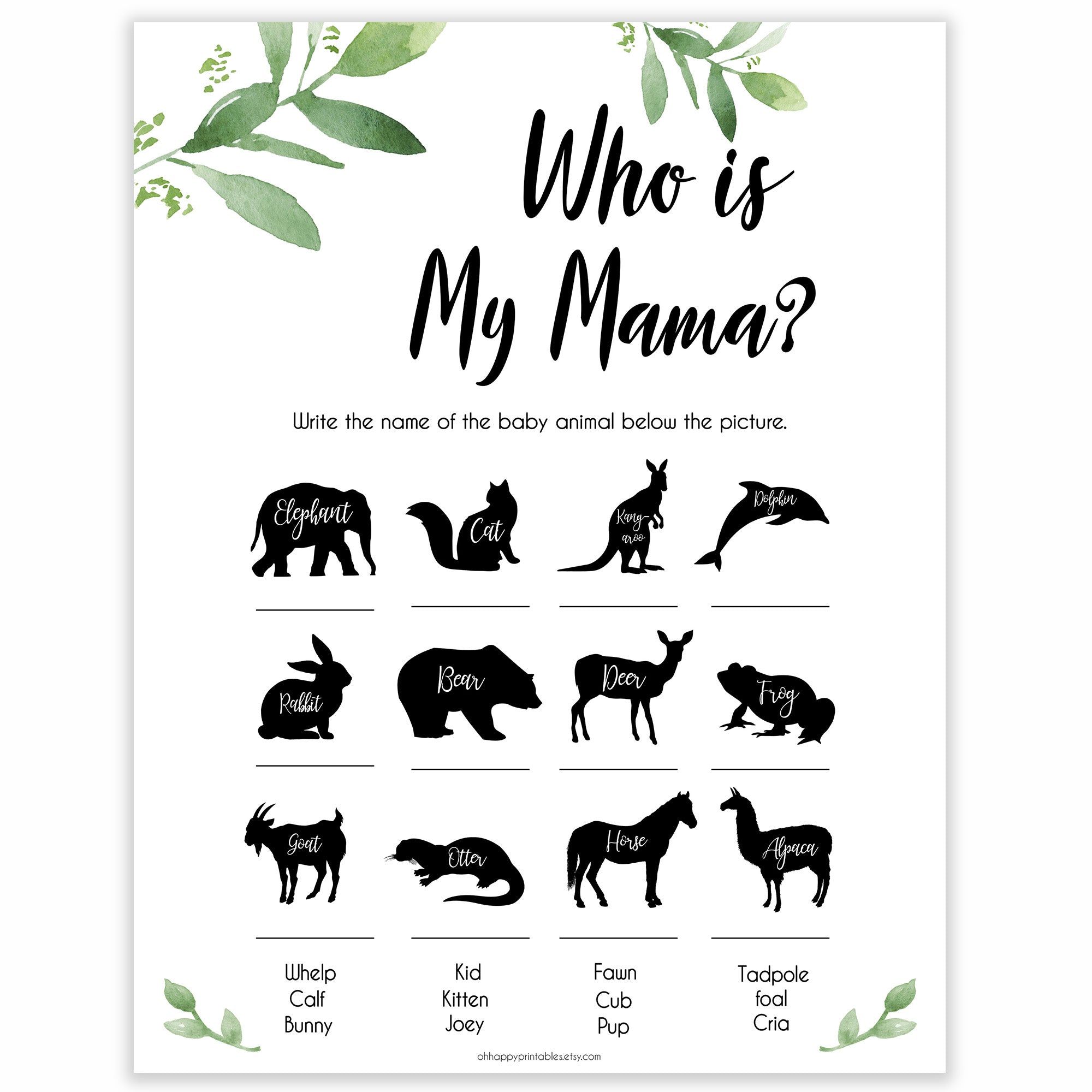 Botanical Who is My Mommy Animal Game, Who is my Mama Game, Baby Shower Games, Baby Shower Ideas, Who is my Mama, Animal Baby Game 
