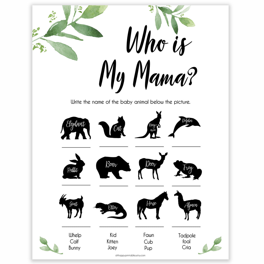 Botanical Who is My Mommy Animal Game, Who is my Mama Game, Baby Shower Games, Baby Shower Ideas, Who is my Mama, Animal Baby Game 