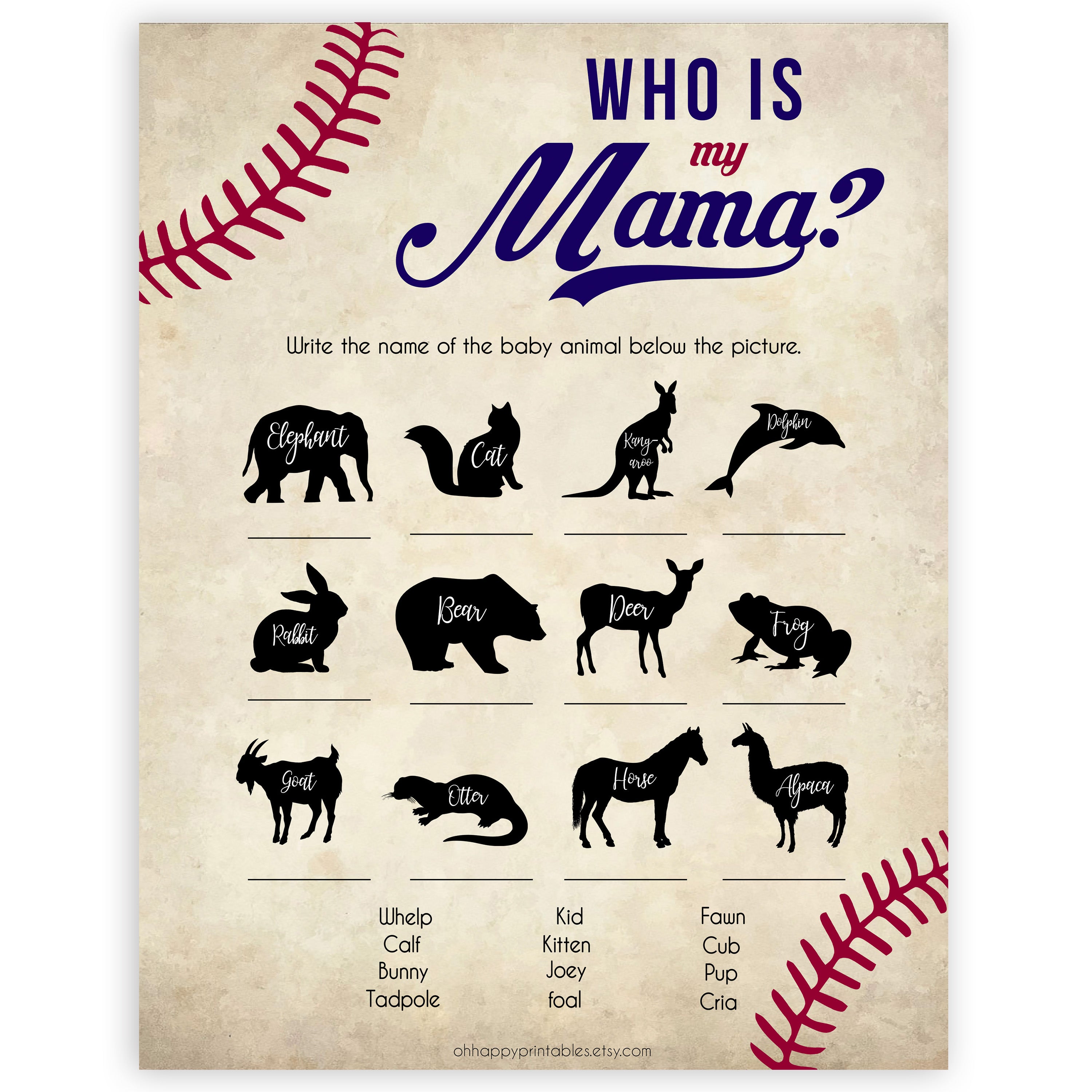 Who is My Mama Baby Shower Game, Baseball Who is My Mommy, Baby Animal Game, Baby Shower Games, Who is My Mama, Who is My Mommy Game, printable baby shower games, fun baby shower games, popular baby shower games