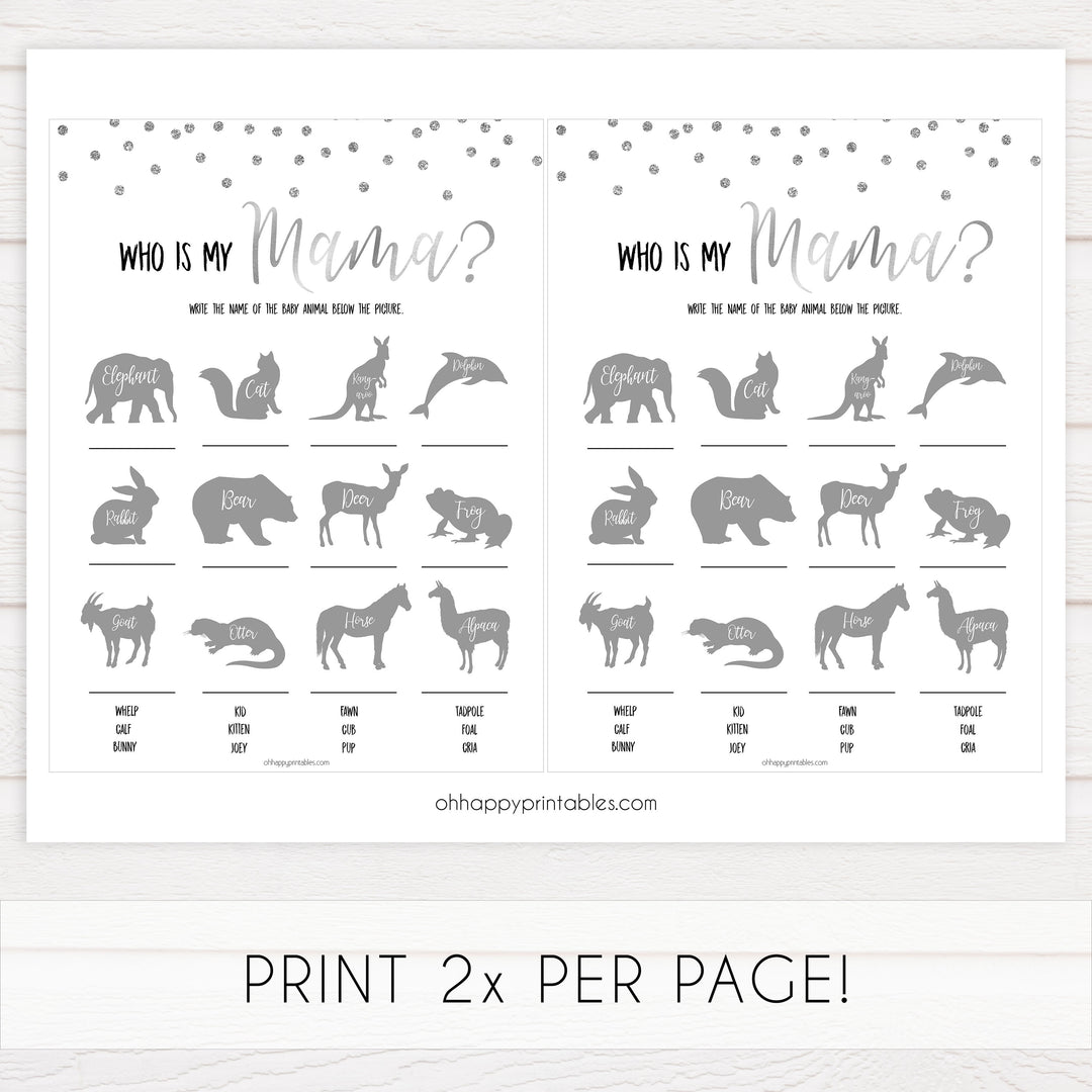 baby animal game, who is my mama game, Printable baby shower games, baby silver glitter fun baby games, baby shower games, fun baby shower ideas, top baby shower ideas, silver glitter shower baby shower, friends baby shower ideas