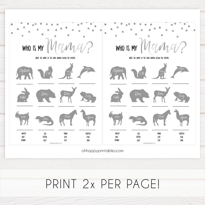 baby animal game, who is my mama game, Printable baby shower games, baby silver glitter fun baby games, baby shower games, fun baby shower ideas, top baby shower ideas, silver glitter shower baby shower, friends baby shower ideas