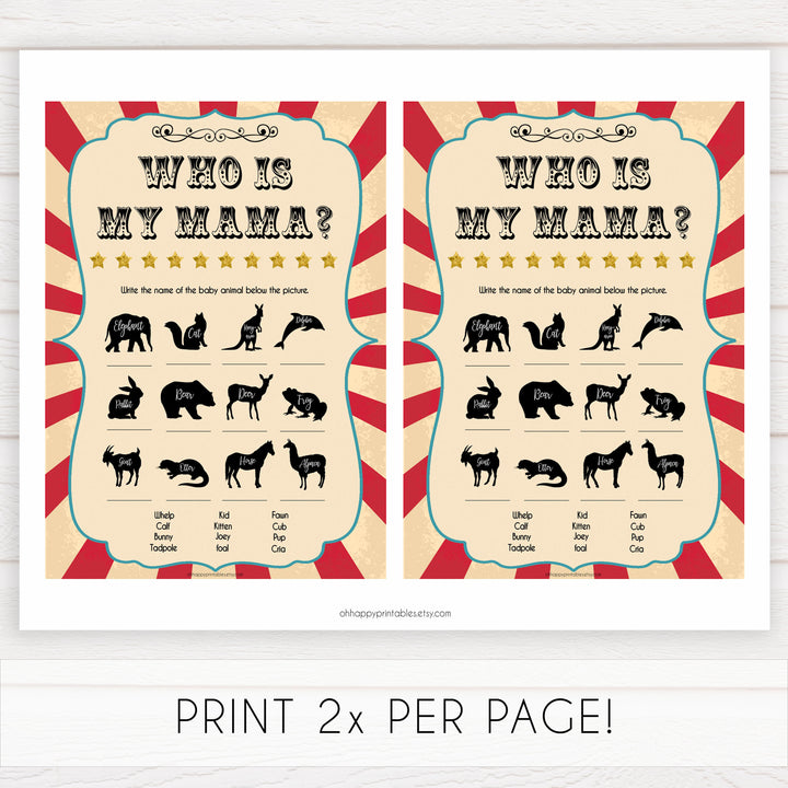 Circus who is my mama baby shower games, circus baby games, carnival baby games, printable baby games, fun baby games, popular baby games, carnival baby shower, carnival theme