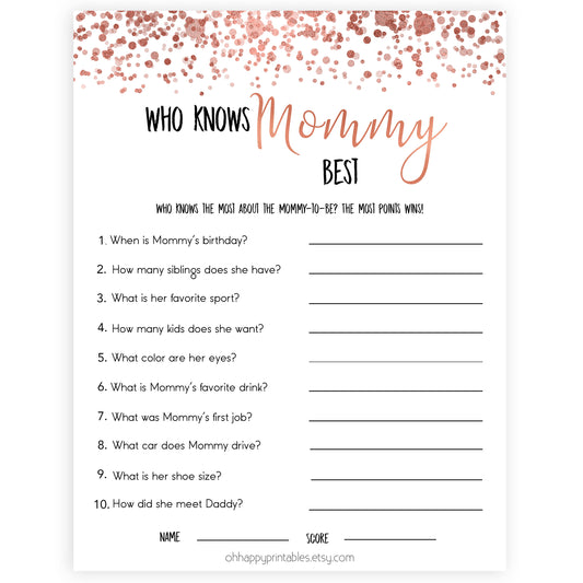 rose gold who knows mommy best, who knows mummy best, fun baby shower games, popular baby shower games, printable baby shower games