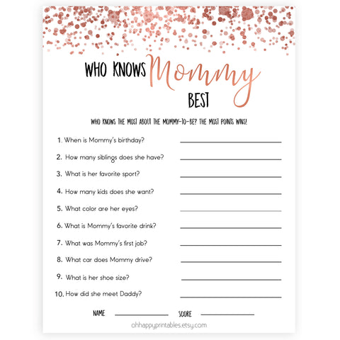 rose gold who knows mommy best, who knows mummy best, fun baby shower games, popular baby shower games, printable baby shower games