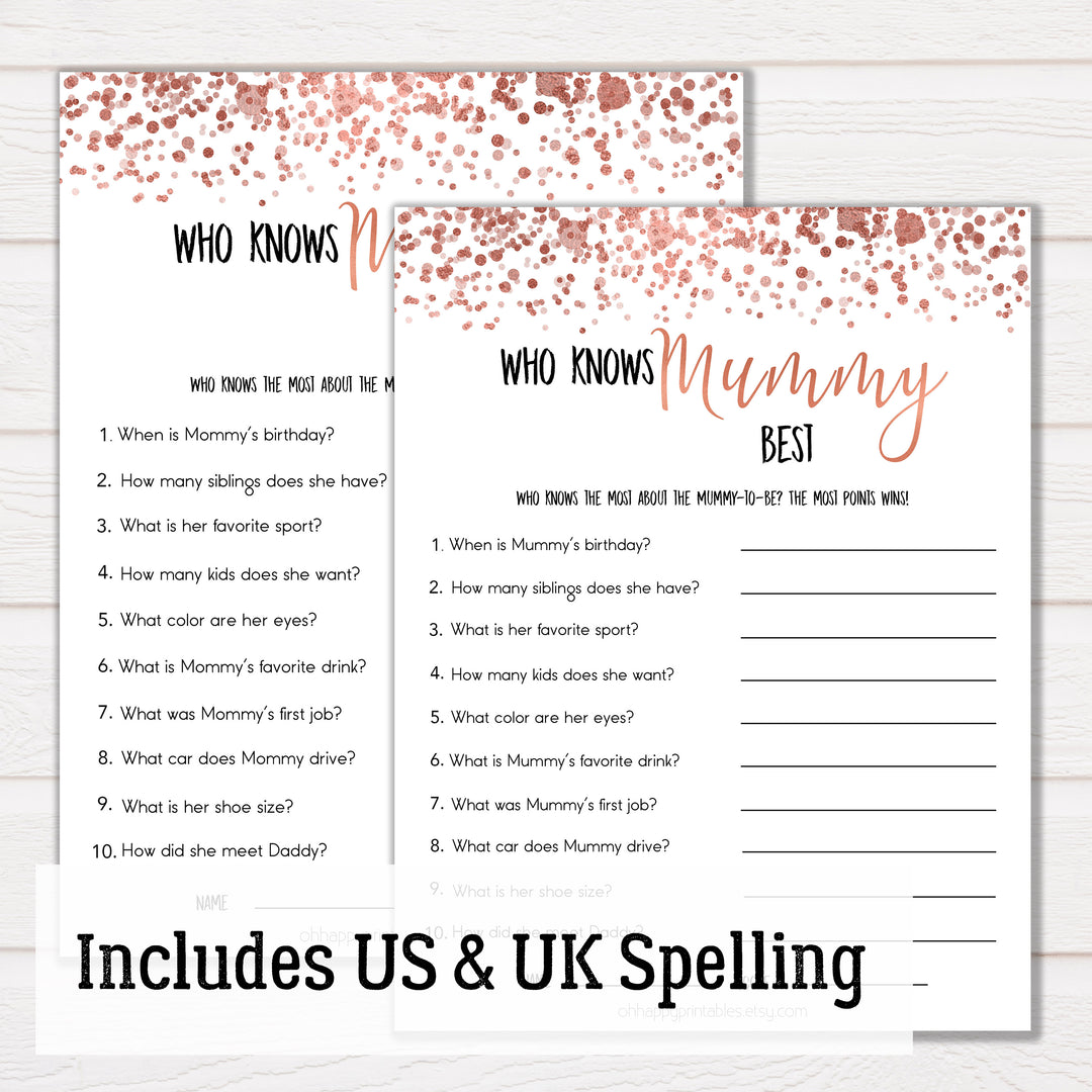 rose gold who knows mommy best, who knows mummy best, fun baby shower games, popular baby shower games, printable baby shower games