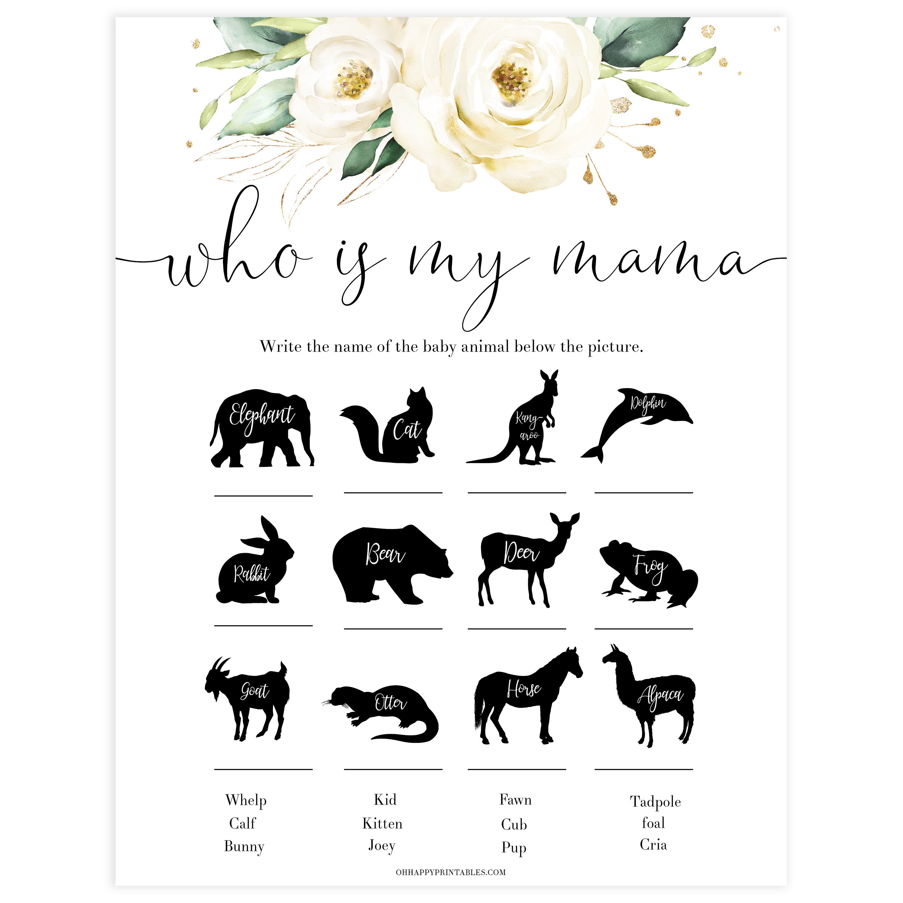 who is my mama baby game,  Printable baby shower games, shite floral baby games, baby shower games, fun baby shower ideas, top baby shower ideas, floral baby shower, baby shower games, fun floral baby shower ideas