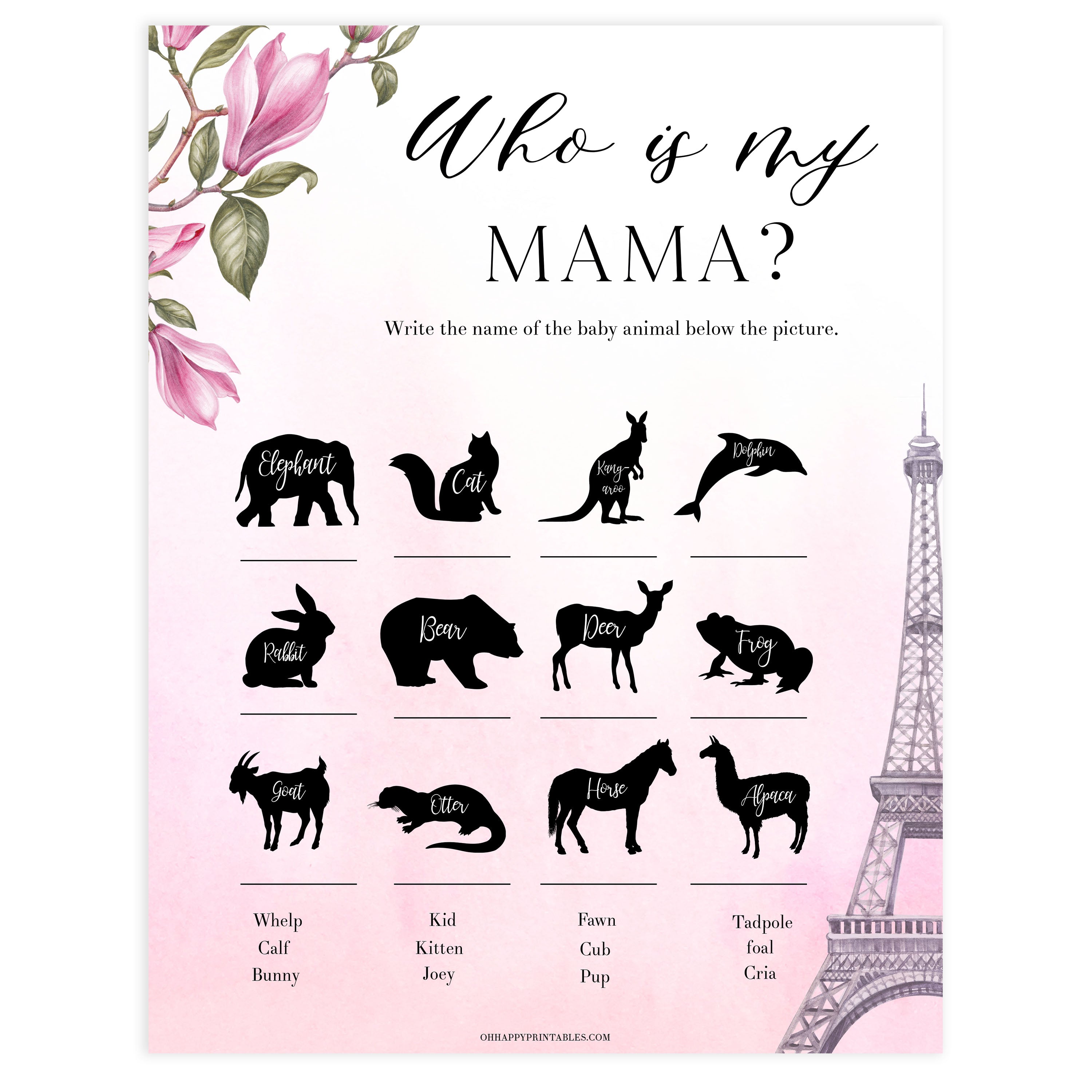who is my mama baby game, Paris baby shower games, printable baby shower games, Parisian baby shower games, fun baby shower games