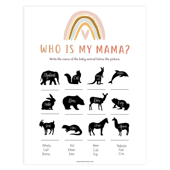 who is my mama baby shower game, Printable baby shower games, boho rainbow baby games, baby shower games, fun baby shower ideas, top baby shower ideas, boho rainbow baby shower, baby shower games, fun boho rainbow baby shower ideas