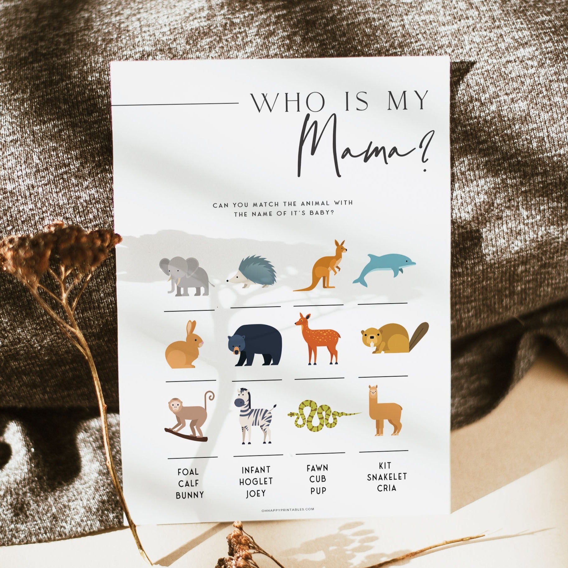 Printable baby shower game Who Is My Mama with a modern minimalist design