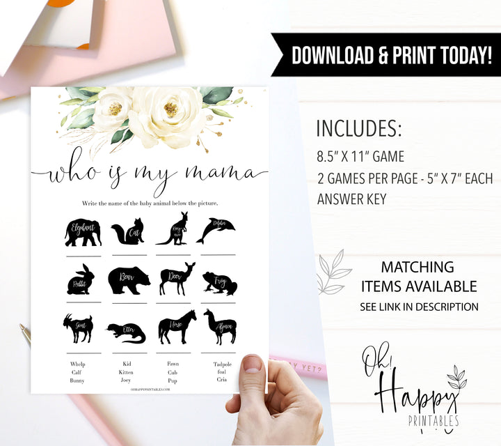 who is my mama baby game,  Printable baby shower games, shite floral baby games, baby shower games, fun baby shower ideas, top baby shower ideas, floral baby shower, baby shower games, fun floral baby shower ideas