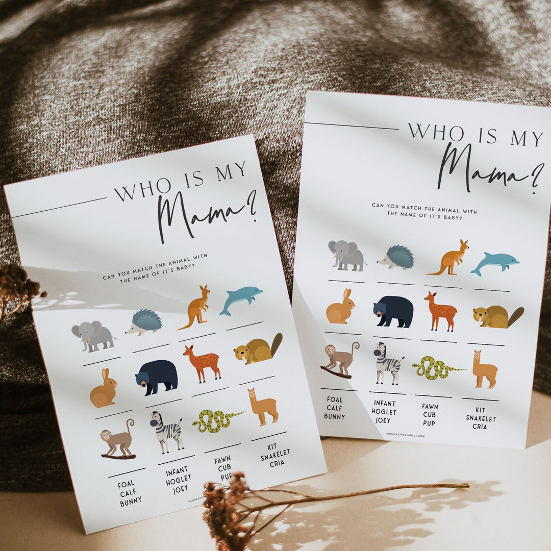 Printable baby shower game Who Is My Mama with a modern minimalist design