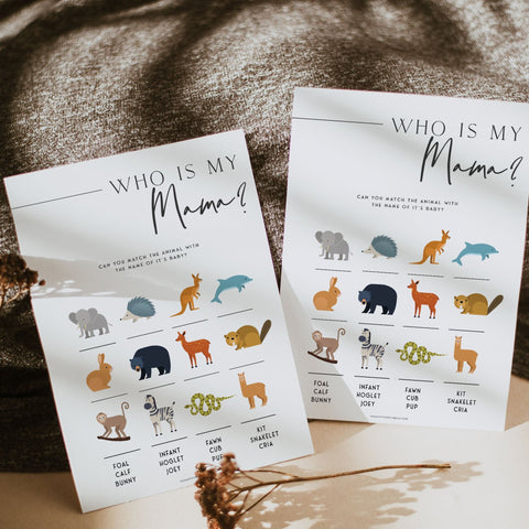 Printable baby shower game Who Is My Mama with a modern minimalist design