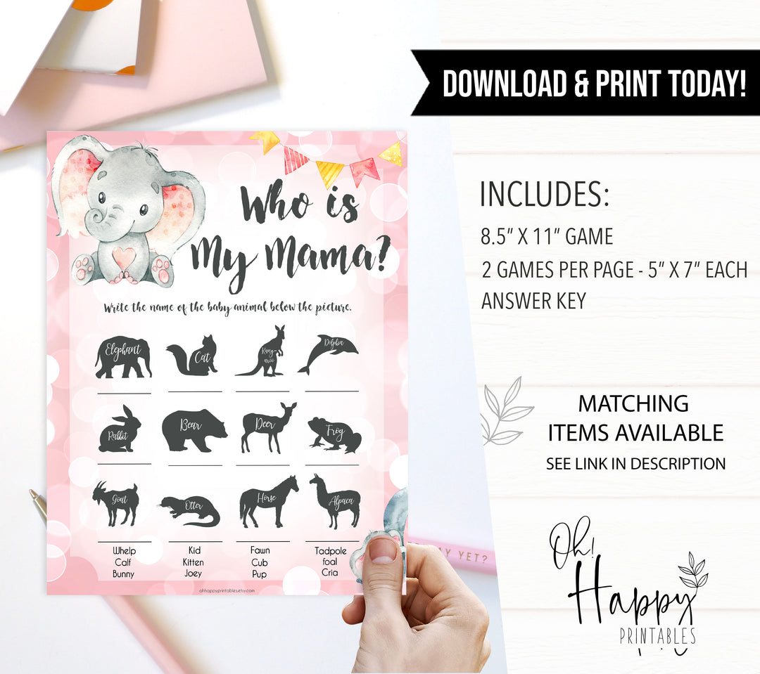 pink elephant baby games, who is my mama baby shower games, printable baby shower games, baby shower games, fun baby games, popular baby games, pink baby games