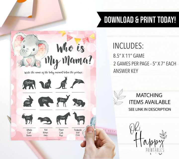 pink elephant baby games, who is my mama baby shower games, printable baby shower games, baby shower games, fun baby games, popular baby games, pink baby games