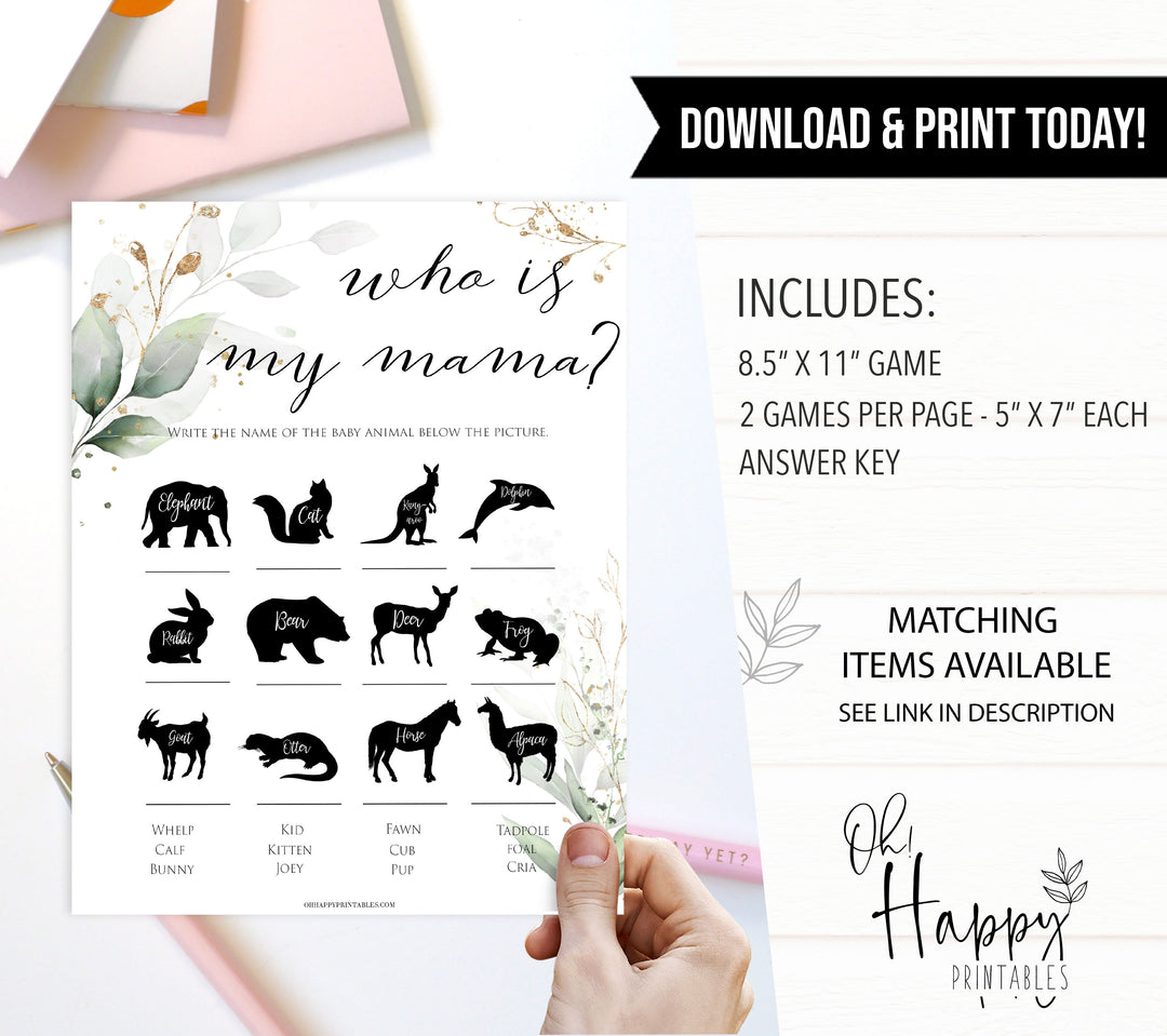 Gold green leaf baby games, who is my mama, printable baby games, fun baby games, top baby games to play, gold leaf baby shower, greenery baby shower ideas