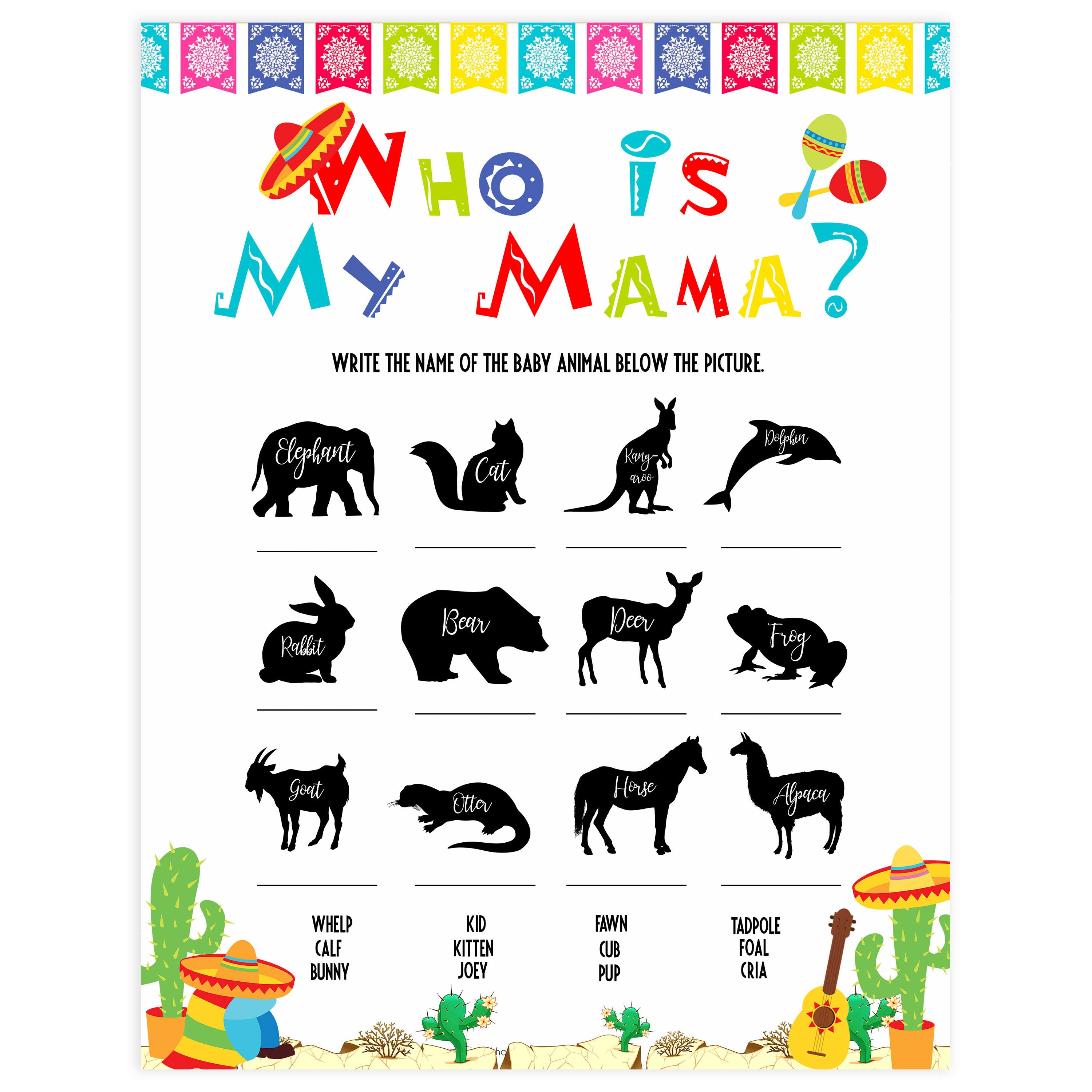 who is my mama game,  Printable baby shower games, Mexican fiesta fun baby games, baby shower games, fun baby shower ideas, top baby shower ideas, fiesta shower baby shower, fiesta baby shower ideas