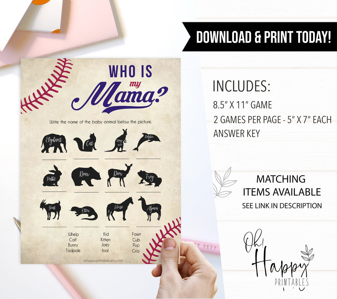 Who is My Mama Baby Shower Game, Baseball Who is My Mommy, Baby Animal Game, Baby Shower Games, Who is My Mama, Who is My Mommy Game, printable baby shower games, fun baby shower games, popular baby shower games