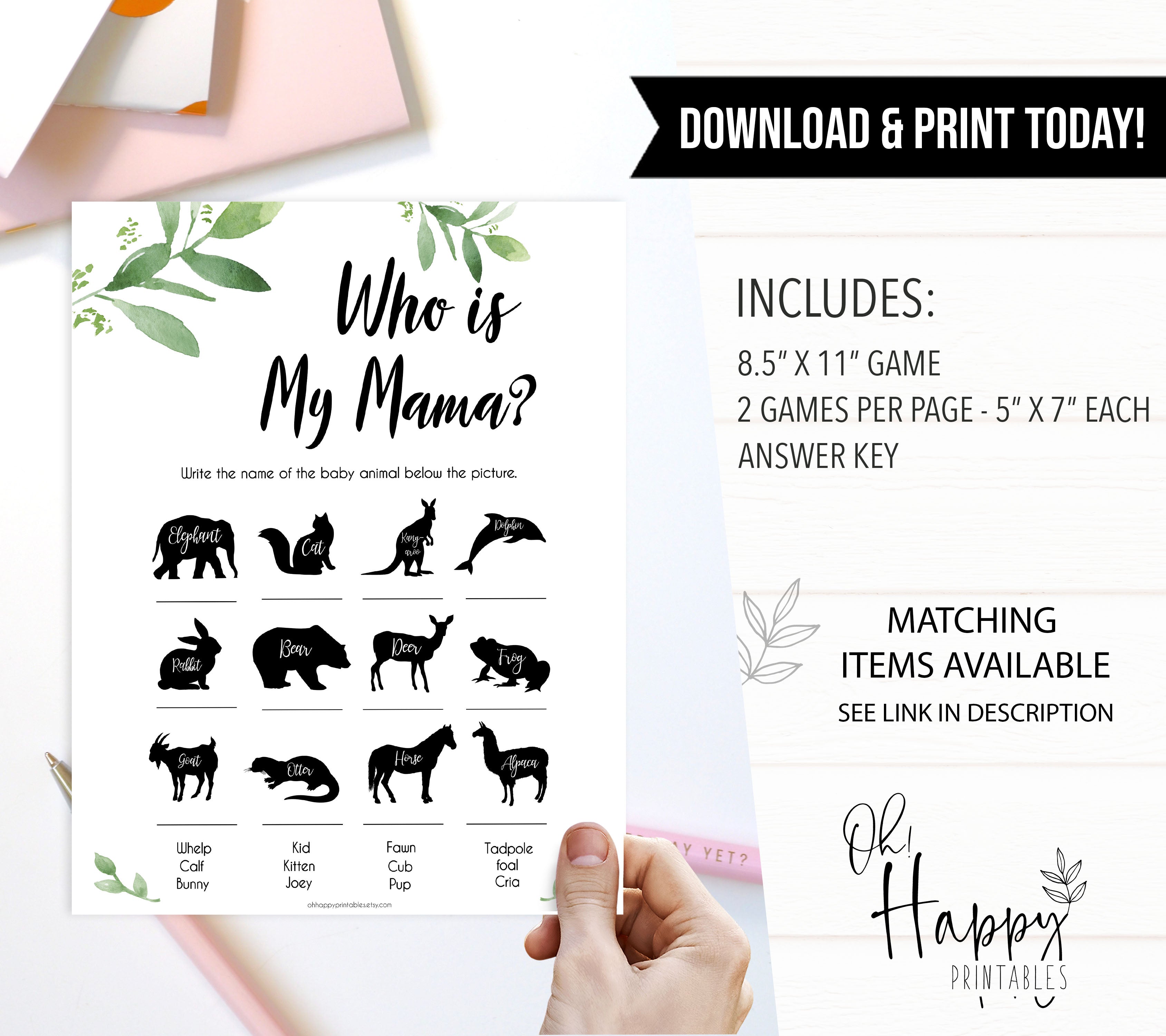 Botanical Who is My Mommy Animal Game, Who is my Mama Game, Baby Shower Games, Baby Shower Ideas, Who is my Mama, Animal Baby Game 