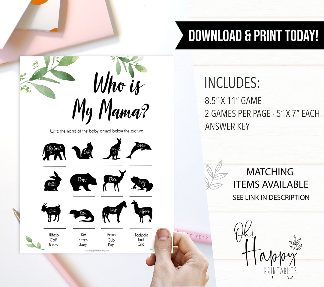 Botanical Who is My Mommy Animal Game, Who is my Mama Game, Baby Shower Games, Baby Shower Ideas, Who is my Mama, Animal Baby Game 