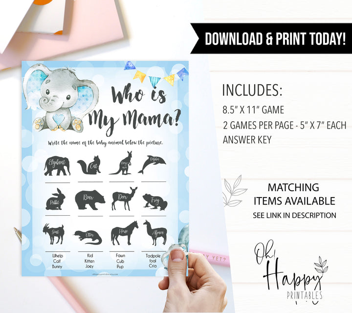 Blue elephant baby games, who is my mama, elephant baby games, printable baby games, top baby games, best baby shower games, baby shower ideas, fun baby games, elephant baby shower