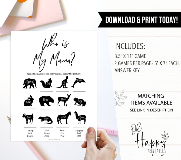 White Gender Neutral Who is My Mommy Animal Game, Who is my Mama Game, Baby Shower Games, Baby Shower, Who is my Mama, Animal Baby Game fun baby games, popular baby games