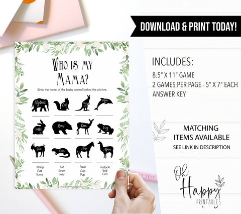 Greenery Who is My Mommy Animal Game, Leaf Who is my Mama Game, Baby Shower Games, Baby Shower Ideas, Who is my Mama, Animal Baby Game, printable baby games, fun baby games, popular baby games
